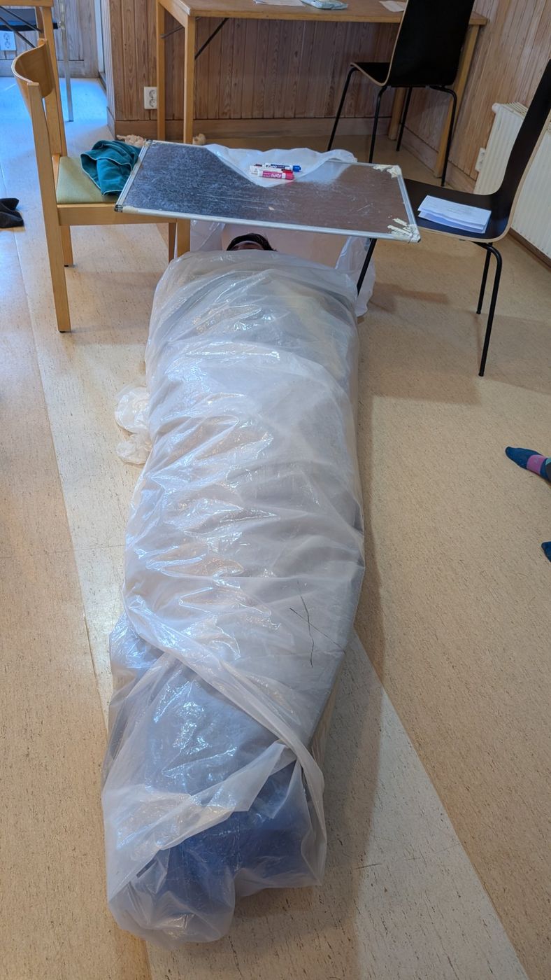 Improvised patient wrap during a wilderness rescue scenario